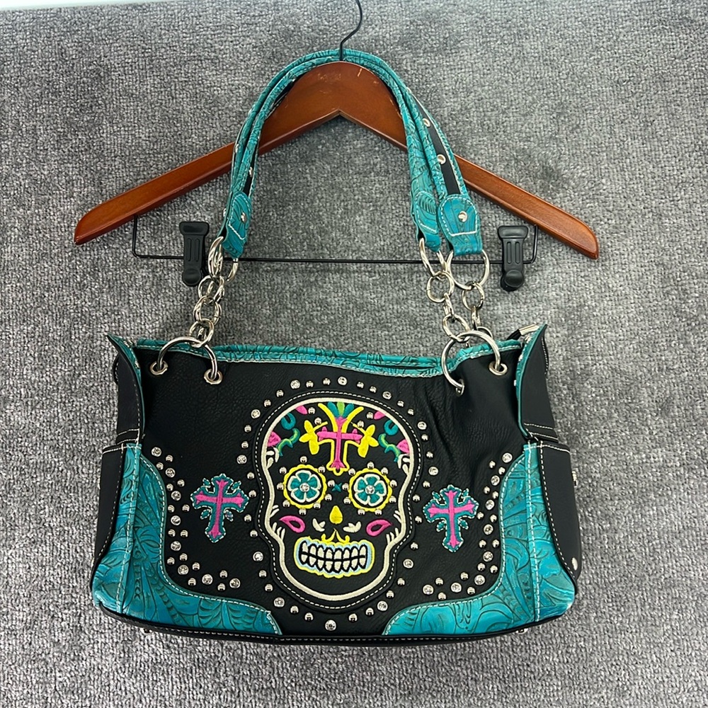 HW Concealed Carry Cross Flower Sugar Skull Handbag Purse Shoulder Black Blue